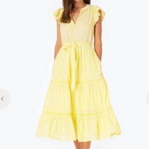 Magaschoni Organic Cotton Flutter Sleeve Tiered Midi Dress in Lemon